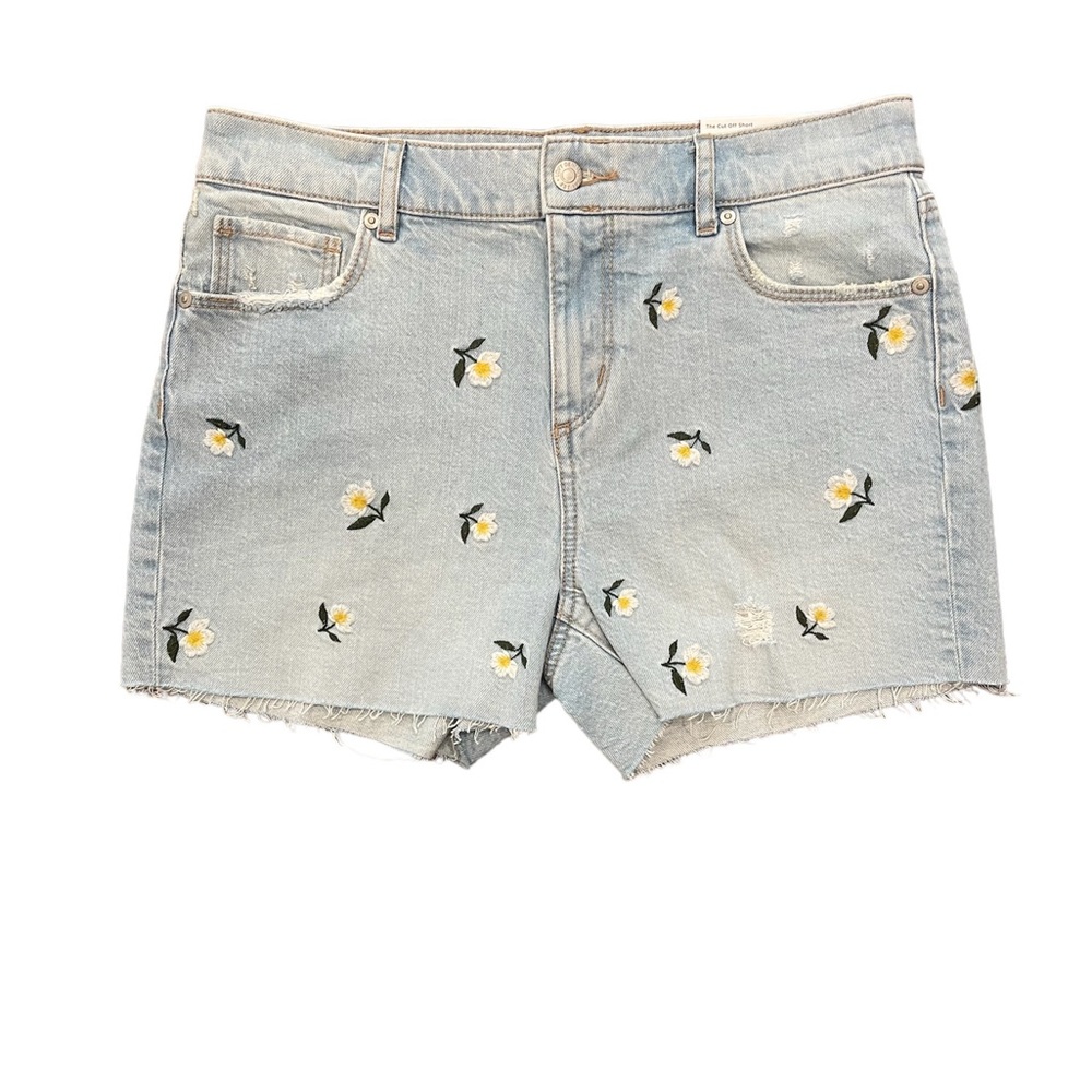 LOFT • NWT High Rise Frayed Cut Off Denim Shorts Floral Embroidered Stone Wash - Picture 5 of 10
